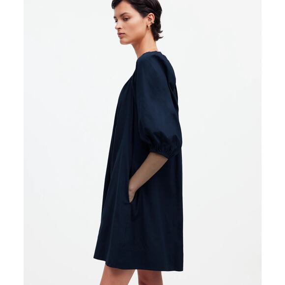 NWT Madewell Square-Neck Puff-Sleeve Mini Dress In Navy Size 14 - Picture 2 of 9